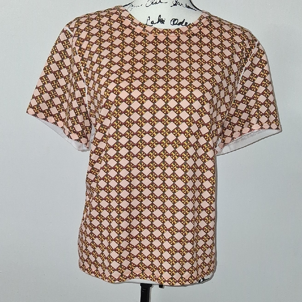 Tory Burch Boxy White and Brown Short Sleeve Tee